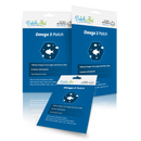 Three packaging designs for Omega 3 patches are displayed, featuring a blue background, fish graphics, and text highlighting benefits like antioxidants and hypoallergenic fabric.