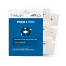 A blue and white product package for Omega 3 patches, featuring illustrations of fish, lists benefits like promoting heart health and contains 30 patches made from hypoallergenic fabric.
