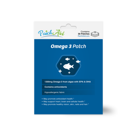 A product package for Omega 3 patches features a blue background with fish graphics, highlighting benefits like heart health and antioxidants, and includes details about the hypoallergenic fabric.