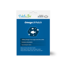 A product package for Omega 3 patches features a blue background with fish graphics, highlighting benefits like heart health and antioxidants, and includes details about the hypoallergenic fabric.