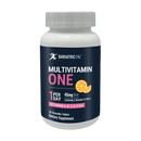 A white bottle labeled "Multivitamin One" contains 30 chewable orange citrus tablets, highlighting vitamins A, B, C, D, E, and K, with a note about 45mg of iron and a daily dosage recommendation.