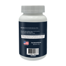 A white bottle with a dark blue label displays directions for taking a chewable tablet daily with food, along with storage instructions and a warning about keeping it out of reach of children.