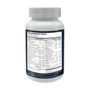 A white supplement bottle displays detailed nutrition facts, including serving size, calories, and various vitamins and minerals, against a dark background.