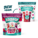 Two packages of Goodpop organic freezer pops are displayed side by side, with the left package featuring a "NEW LOOK" label, highlighting flavors like Cherry Limeade and Concord Grape, emphasizing no added sugar.