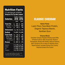 Nutrition facts label for "Classic Cheddar" pasta, detailing ingredients like lupin flour and cheddar cheese powder, with information on calories, fats, protein, and vitamins against a bright yellow background.