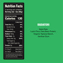 Nutritional information label for Radiatori pasta, featuring details like serving size, calories, and ingredients including lupin flour and fava bean protein, set against a bright green background.