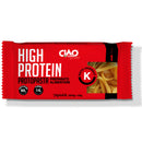 A red package of high protein prot pasta labeled "Keto Friendly," featuring the brand name "Ciao Carb," with nutritional information highlighting 60g of protein and 14g of fiber per 100g.