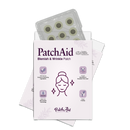 A product package for PatchAid Blemish & Wrinkle Patches features a graphic of a woman’s face with sparkling effects, highlighting benefits like natural ingredients and vegan-friendly technology.
