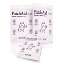 Three packages of PatchAid Blemish & Wrinkle Patches are displayed, featuring a simple illustration of a woman’s face, highlighting benefits like hydration and vegan-friendly ingredients.