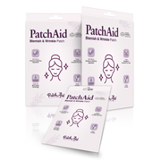 Three packages of PatchAid Blemish & Wrinkle Patches are displayed, featuring a simple illustration of a woman’s face, highlighting benefits like hydration and vegan-friendly ingredients.