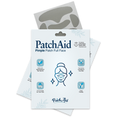 A package of PatchAid Pimple Patch Full Face features an illustration of a smiling person with clear skin, highlighting benefits like vegan-friendly ingredients and full facial coverage for acne treatment.
