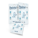 Three packaging designs for PatchAid Pimple Patch Full Face feature a smiling woman illustration, highlighting benefits like full coverage, vegan-friendly ingredients, and key components like hydrocolloid and tea tree oil.