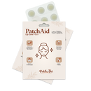 A packaging design for PatchAid Lip Care Patches features a woman’s face illustration, highlighting benefits like being made with tea tree oil, safe for all skin types, and vegan-friendly.