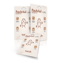 Three packages of PatchAid Lip Care Patches are displayed, featuring illustrations and text highlighting their benefits, ingredients, and suitability for all skin types.
