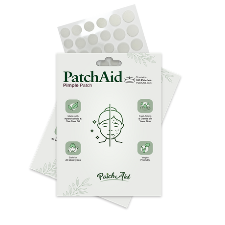 A package of PatchAid Pimple Patches displays a smiling face with blemishes, highlighting features like tea tree oil, fast-acting formula, and suitability for all skin types.