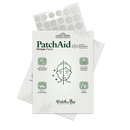 A package of PatchAid Pimple Patches displays a smiling face with blemishes, highlighting features like tea tree oil, fast-acting formula, and suitability for all skin types.