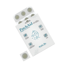 A package of PatchAid Pimple Patches is displayed, featuring a clear patch, instructions, and icons highlighting benefits like vegan ingredients and skin hydration.