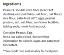 A list of ingredients for a food product, including peanuts, oats, rice flour, eggs, and palm fruit oil, with notes on allergens and nutritional information.