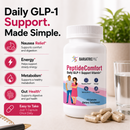 A bottle of PeptideComfort dietary supplement is displayed on a light surface next to capsules and a glass of water, highlighting benefits like nausea relief, energy, and gut health.
