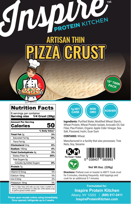 A colorful product label for Inspire Protein Kitchen's Artisan Thin Pizza Crust features a chef holding a pizza, with nutrition facts and ingredients listed prominently on a black background.