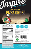A colorful product label for Inspire Protein Kitchen's Artisan Thin Pizza Crust features a chef holding a pizza, with nutrition facts and ingredients listed prominently on a black background.