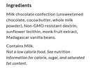 A list of ingredients for a milk chocolate confection, including unsweetened chocolate, cocoa butter, whole milk powder, and other components, with a note about calorie content and allergens.