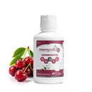 A white bottle of PREPROTEIN hydrolyzed liquid collagen dietary supplement is shown next to fresh cherries and green leaves, highlighting its natural cherry flavor and nutritional information.