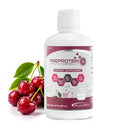A white bottle of Preprotein hydrolyzed liquid collagen stands next to fresh cherries, featuring a label that highlights its natural cherry flavor and nutritional information.