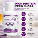 A bottle of PREPROTEIN hydrolyzed liquid collagen is displayed on a marble surface, featuring a purple label highlighting 18 grams of protein, zero sugar, and 80 calories per serving.