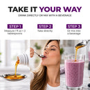 A woman measures liquid from a bottle into a spoon, takes it directly, and then pours it into a glass of smoothie, showcasing three steps for consuming a product.