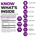 Supplement facts label highlighting protein content, with details on serving size, calories, and dietary attributes like gluten-free, dairy-free, and soy-free, set against a white background.