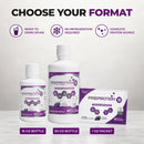 Three dietary supplement products are displayed: a 16 oz bottle, a 30 oz bottle, and a 1 oz packet of PreProtein, highlighting options for ready-to-drink or mix formats with no refrigeration needed.