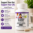 A white bottle of "20 Billion Probiotic" dietary supplement sits on a countertop next to a glass of water, featuring illustrations of a man and woman, with text highlighting digestive and immune health benefits.
