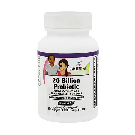Bottle of BariatricPal 20 Billion Probiotic with nine shelf-stable strains and FiberAid prebiotic to support digestive and immune health. Contains 30 vegetarian capsules.