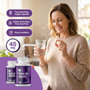 Woman holding a Core-45 bariatric multivitamin capsule and a glass of water. Each fast-dissolving, easy-to-swallow veggie capsule provides 45 mg of iron and is gluten-free, dairy-free and soy-free.