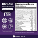 A purple label displays the supplement facts for ProCare Health's DS/SADI Bariatric Multivitamin, highlighting key vitamins and minerals with serving details and certifications for quality.