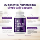 ProCare Health Core-45 Bariatric Multivitamin with 22 essential nutrients and 45 mg of iron in one fast-dissolving daily capsule. Third-party tested, 30-count bottle.