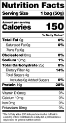 A nutrition facts label details the serving size, calories, and nutrient content for a 50g bag, highlighting values for total fat, carbohydrates, protein, and essential vitamins and minerals.
