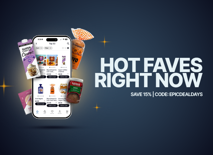 A smartphone displays a shopping app featuring popular food items, surrounded by colorful product packaging, with the text "HOT FAVES RIGHT NOW" and a promotional discount code.