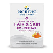 A white box of Nordic Naturals Zero Sugar Hair & Skin Gummy Chews features the product name in purple, highlights strawberry lemonade flavor, and states it supports healthy hair and skin.