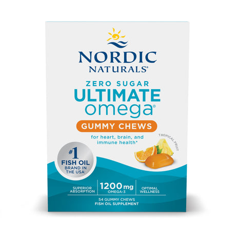 A box of Nordic Naturals Ultimate Omega gummy chews features a tropical fruit flavor, highlighting benefits for heart, brain, and immune health, with a label indicating zero sugar and 1200 mg of omega-3.