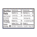 A nutrition facts label displays serving size, calories, and detailed nutritional information, including total fat, carbohydrates, sugars, sodium, and protein content per serving.