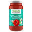 A jar of Primal Kitchen unsweetened pizza sauce, featuring a bright label with a red tomato graphic, highlights that it is made with avocado oil and contains no added sugar.