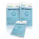 Three packages of "Relax & Unwind Patch" are displayed, featuring a light blue background, a leaf icon, and text highlighting benefits like mood regulation and stress relief, with a note on hypoallergenic fabric.