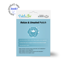 A product packaging for "Relax & Unwind Patch" features a blue background, a graphic of a head with a leaf, and text highlighting benefits like mood regulation and stress relief.