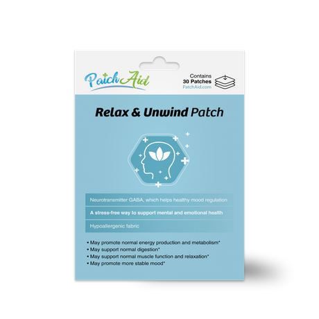 A product package for "Relax & Unwind Patch" features a light blue background, illustrations of a head with a leaf, and text highlighting benefits for mental health and mood regulation, containing 30 patches.