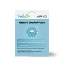 A product package for "Relax & Unwind Patch" features a light blue background, illustrations of a head with a leaf, and text highlighting benefits for mental health and mood regulation, containing 30 patches.
