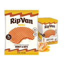 A pack of RipVan honey and oats wafel, featuring a caramel-filled stroopwafel with a bite taken out, alongside a box containing multiple wafel servings and honeycomb, highlighting its low sugar and fiber content.