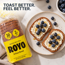 Loaf of ROYO Artisan Bread with 30 calories and 2 grams of net carbs per slice. 21-ounce package.