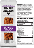 A snack package labeled "Simply Snackin' Signature Chicken," featuring a gluten-free protein-rich chicken snack, with nutritional information displayed on the right side.